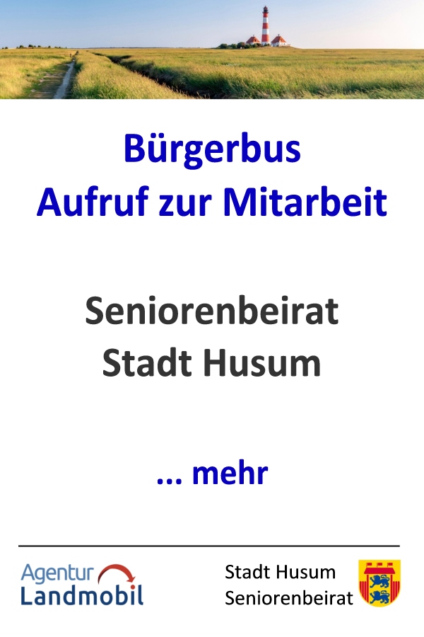Für den neuen Bürgerbus Husum werden noch weitere ehrenamtliche Helfer gesucht. Nächster Termin ist die Planungsveranstaltung Mitte November im Rathaus. Grafik (c) Agentur Landmobil