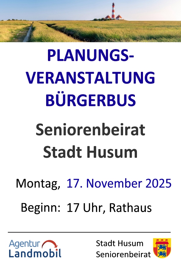 Nächste Termin für den Bürgerbus Husum ist die Planungsveranstaltung am Montag, den 17. November 2025 im Rathaus um 17 Uhr. Grafik (c) Agentur Landmobil