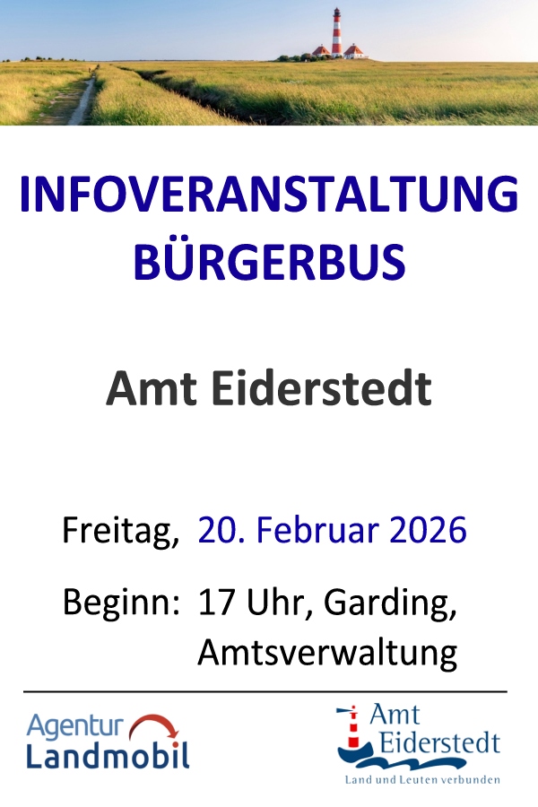 Am 20. Februar 2026 um 17 Uhr beginnt in Garding die Auftaktveranstaltung für den Bürgerbus Eiderstedt. Grafik (c) Agentur Landmobil