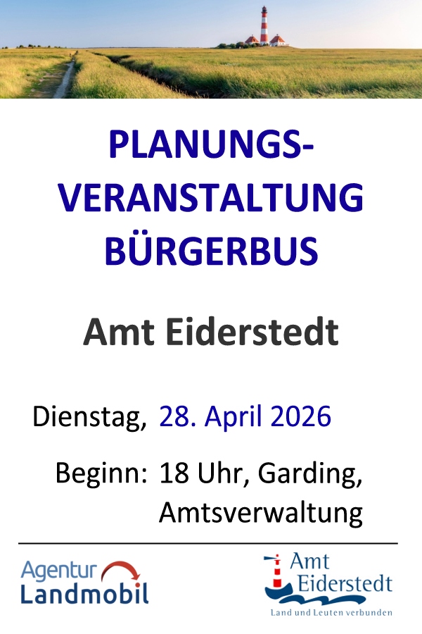 Am 28. April 2026 um 18 Uhr beginnt in Garding die Planungsveranstaltung für den Bürgerbus Eiderstedt. Grafik (c) Agentur Landmobil