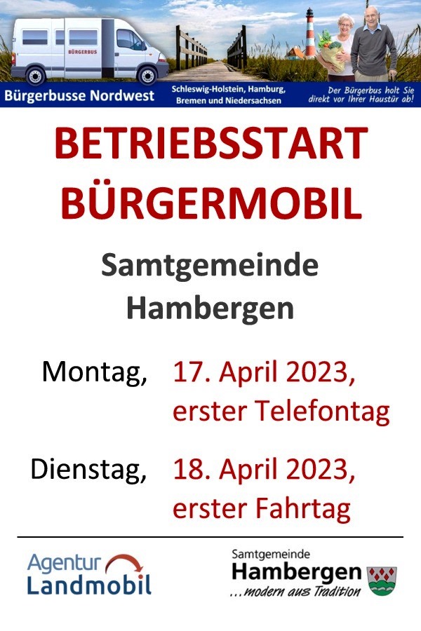 Niedersachsen - Projekt Bürgermobil Hambergen - erster Fahrtag am 18. April 2023 - erster Telefontag am 17. April 2023. Grafik (c) Agentur Landmobil