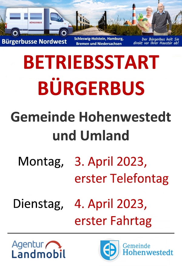 Schleswig-Holstein – Projekt Bürgerbus Hohenwestedt und Umland - erster Fahrtag am 4. April 2023 - erster Telefontag am 3. April 2023. Grafik (c) Agentur Landmobil