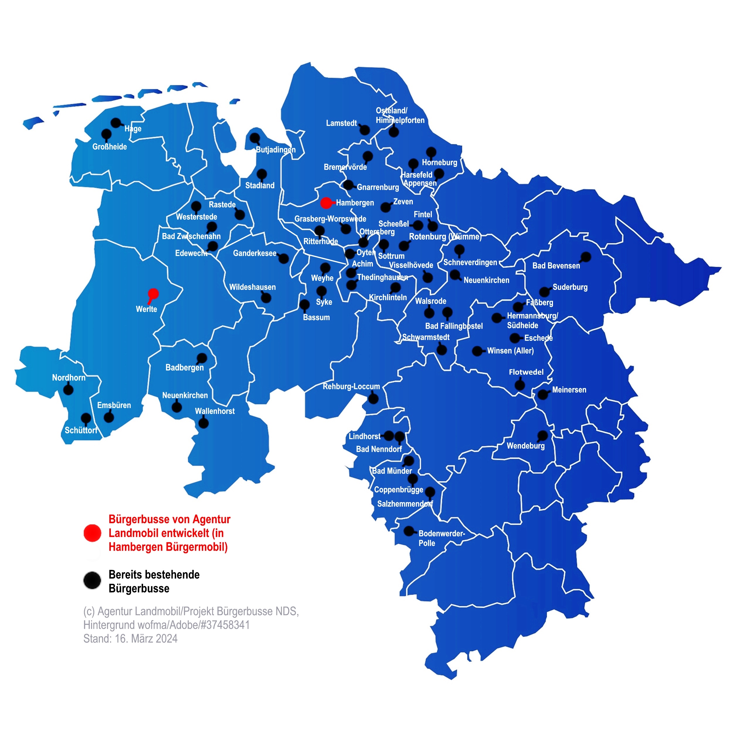 In Niedersachsen fahren derzeit etwa 60 Bürgerbusse. In der Samtgemeinde Hambergen und in der Samtgemeinde Werlte entstehen derzeit Bürgerbusse (rote Punkte) in Entwicklung von Samtgemeinde und Agentur Landmobil in Hambergen als Bürgermobil. Kartengrundlage: wofma/Adobe/#37458341