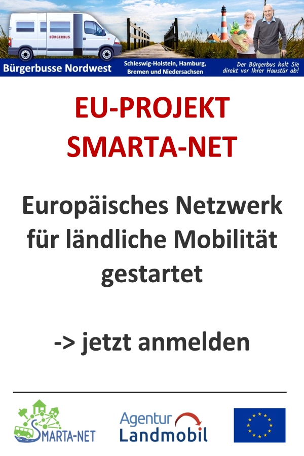 Das EU-Forschungsprojekt SMARTA-NET sucht aus ganz Europa weitere gute Beispiele für das neue Europäische Mobilitätsnetzwerk für ländliche Mobilität (ERMN). Zielgruppe sind lokale und regionale Projekte mit Bezug zu ländlicher Mobilität. Das können weitere Bürgerbusprojekte aus allen Regionen bzw. Bundesländern sein – aber auch andere Angebote für Mobilität in ländlichen Räumen. Grafik (c) Agentur Landmobil